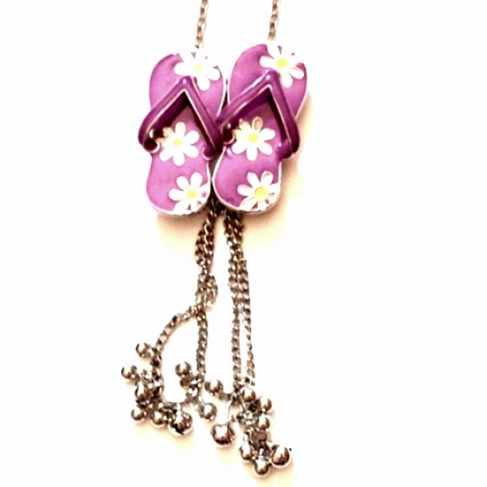 VINTAGE PURPLE FLOWERED FLIP-FLOP PENDANT SILVER-TONE 37" NECKLACE - Picture 5 of 8